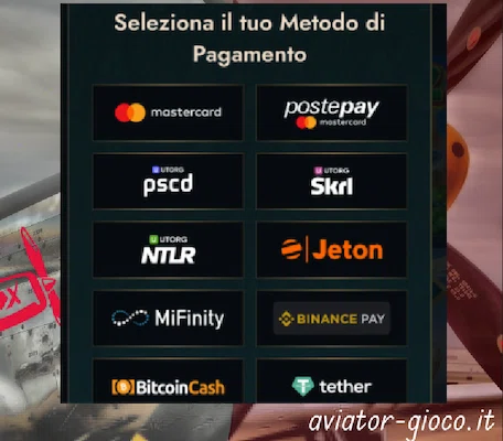 Schermata di selezione dei metodi di pagamento su DollyCasino, inclusi Mastercard, Postepay, criptovalute e altri metodi