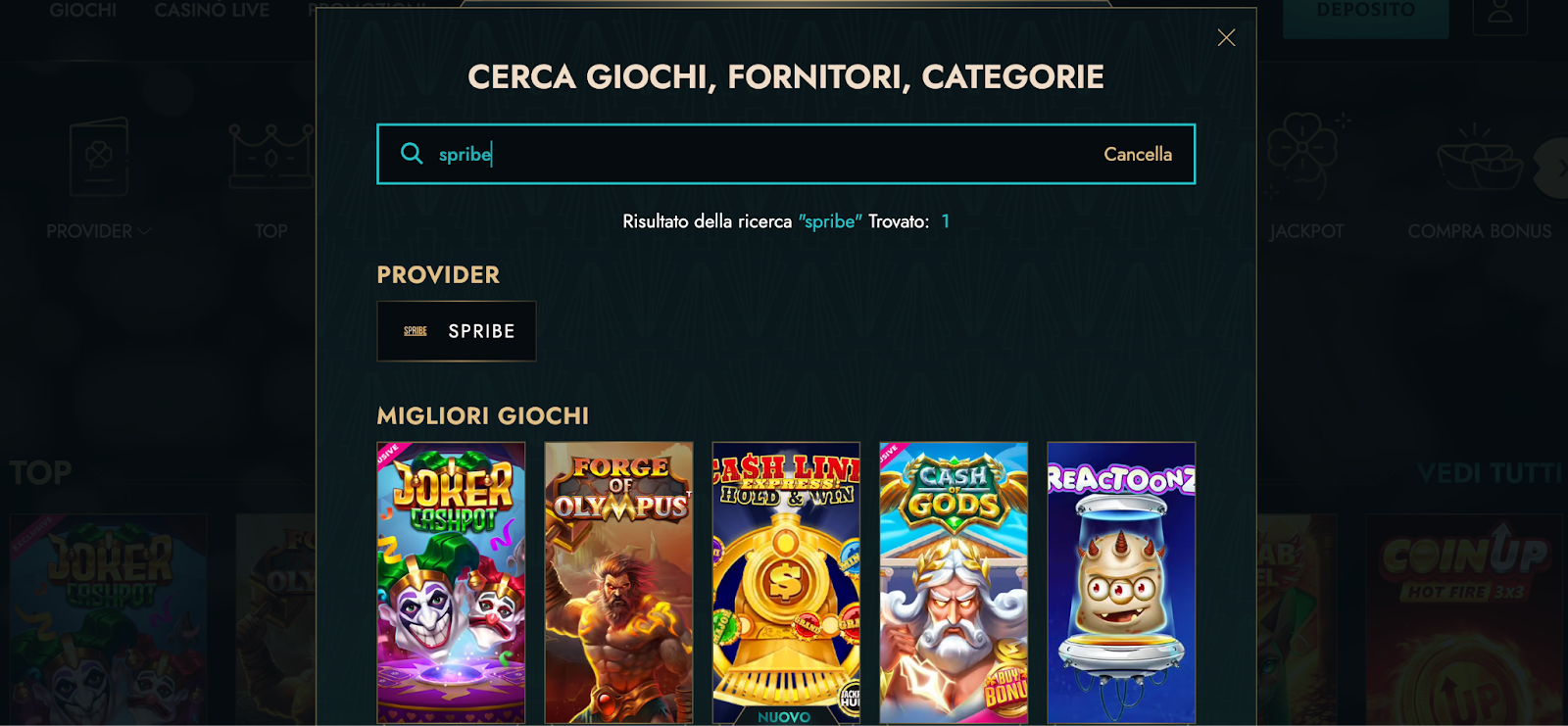 Risultati della ricerca per giochi Spribe su Dolly Casino, che mostrano giochi disponibili come Joker Cashpot.