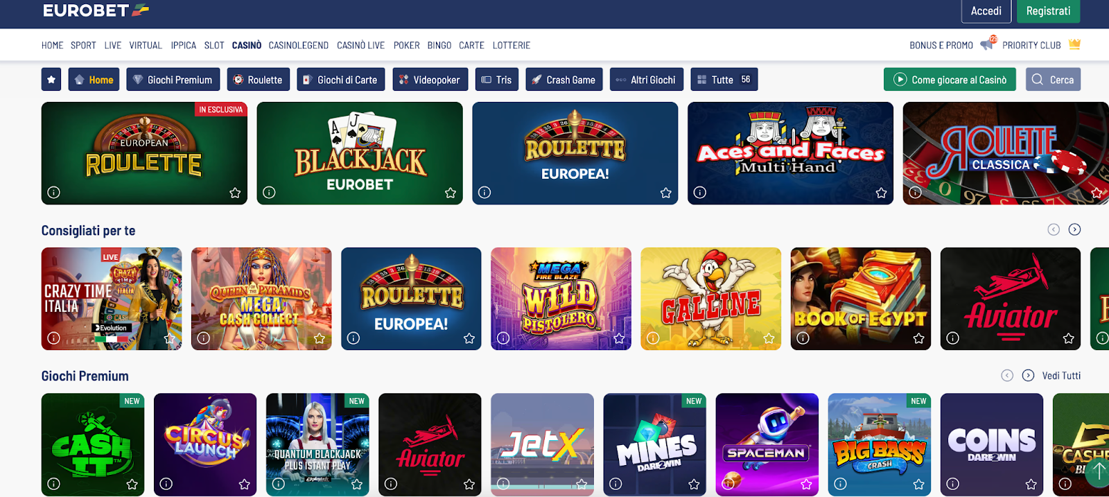 Eurobet Casino offre vari giochi come roulette, blackjack e giochi di crash tra cui Aviator.