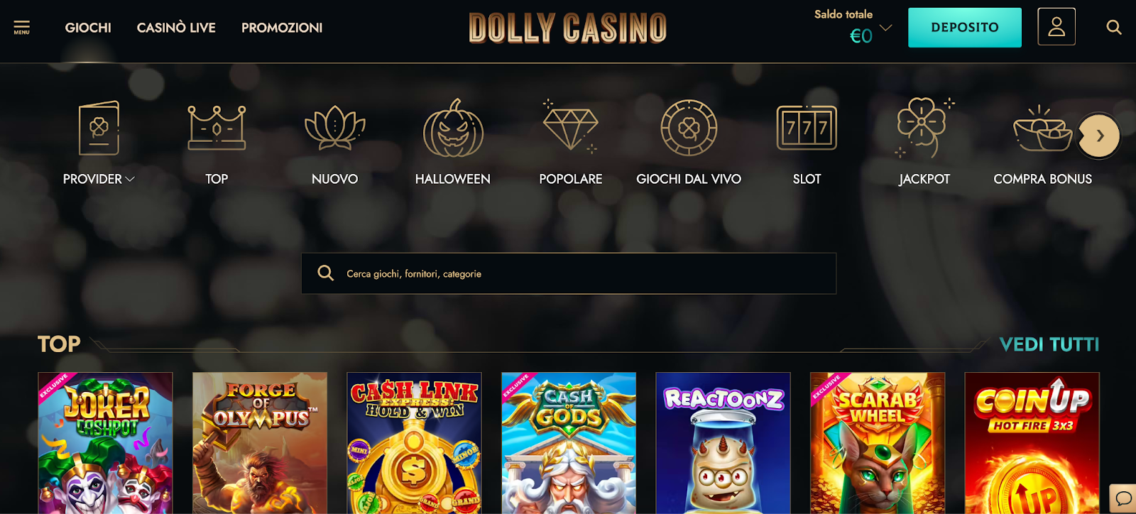 Home page di Dolly Casino con slot popolari come Joker Cashpot e Forge of Olympus.