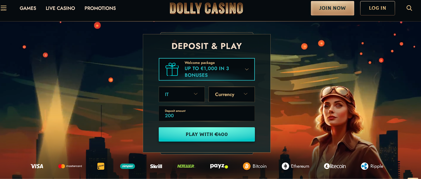 Giochi della homepage di Dolly Casino - Panoramica dei giochi principali offerti, tra cui slot di Halloween e jackpot.