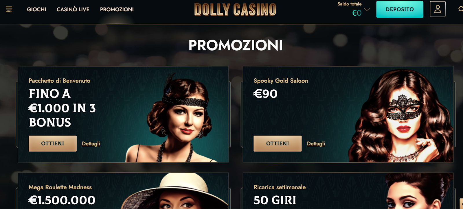 Pagina delle promozioni di Dolly Casino che mostra bonus di benvenuto fino a € 1000 e offerte a tema come Spooky Gold Saloon.