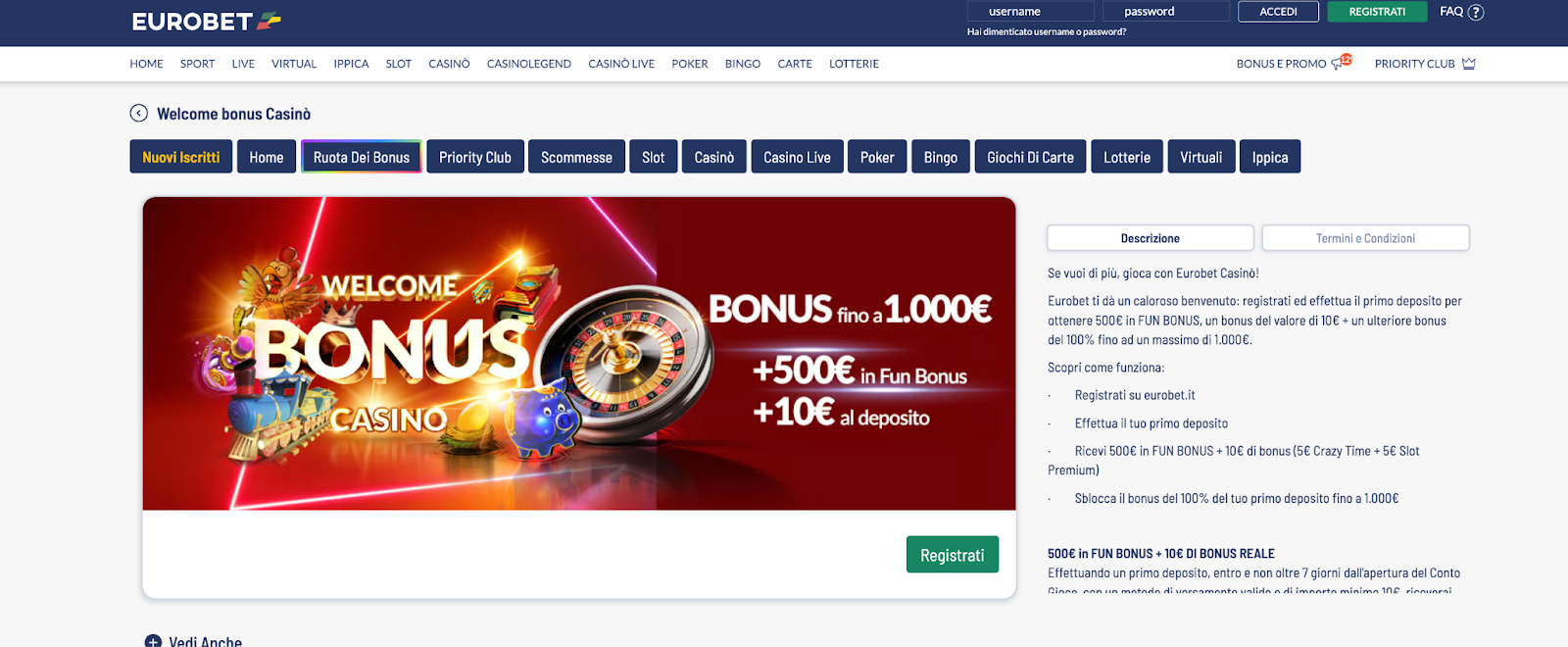 Eurobet Casino offre un bonus di benvenuto fino a € 1000 con bonus divertimento aggiuntivi e giri gratuiti.